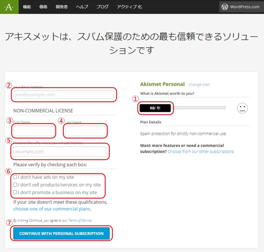 Akismet必要事項